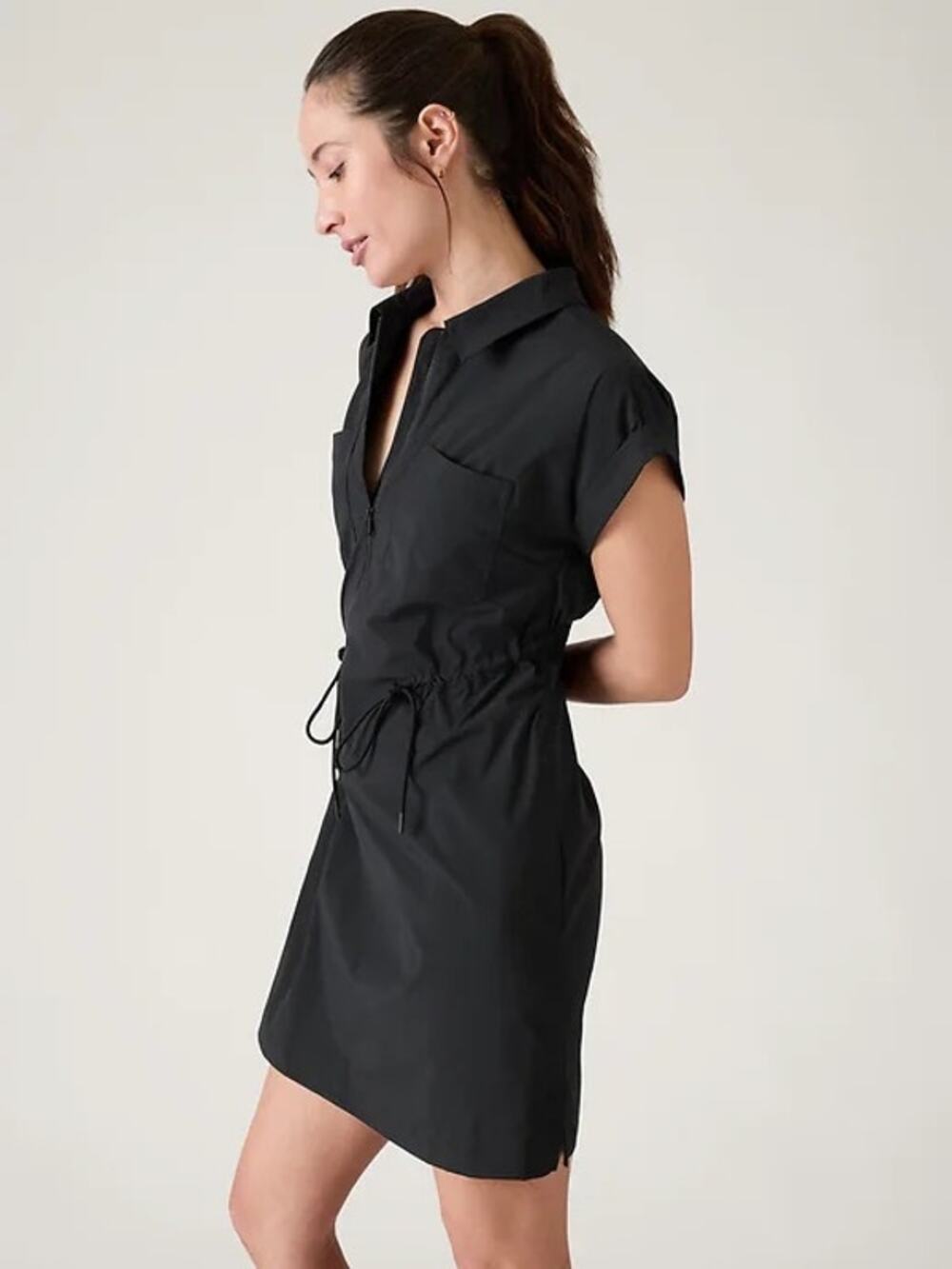 Athleta Topspin Dress Large Black Zip Front Drawstring Waist Athletic Travel